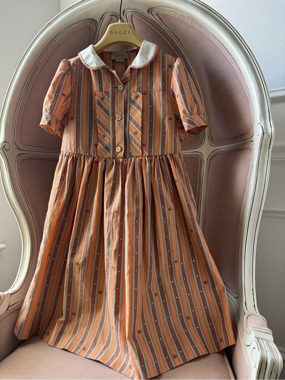 Gucci Orange and White Striped Cotton Kids' Dress with Peter Pan Collar